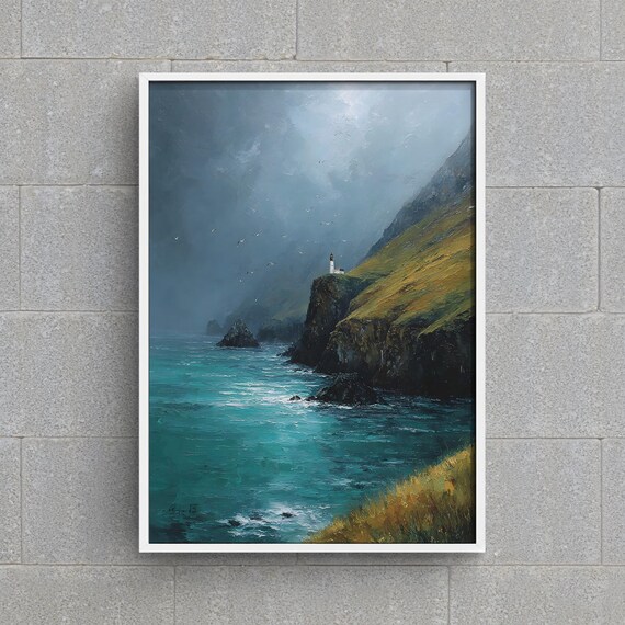 Cape Horn Chile Wall Art Moody Lighthouse Seascape Print Landscape Oil Painting Tierra Del Fuego Decor Nautical Ocean