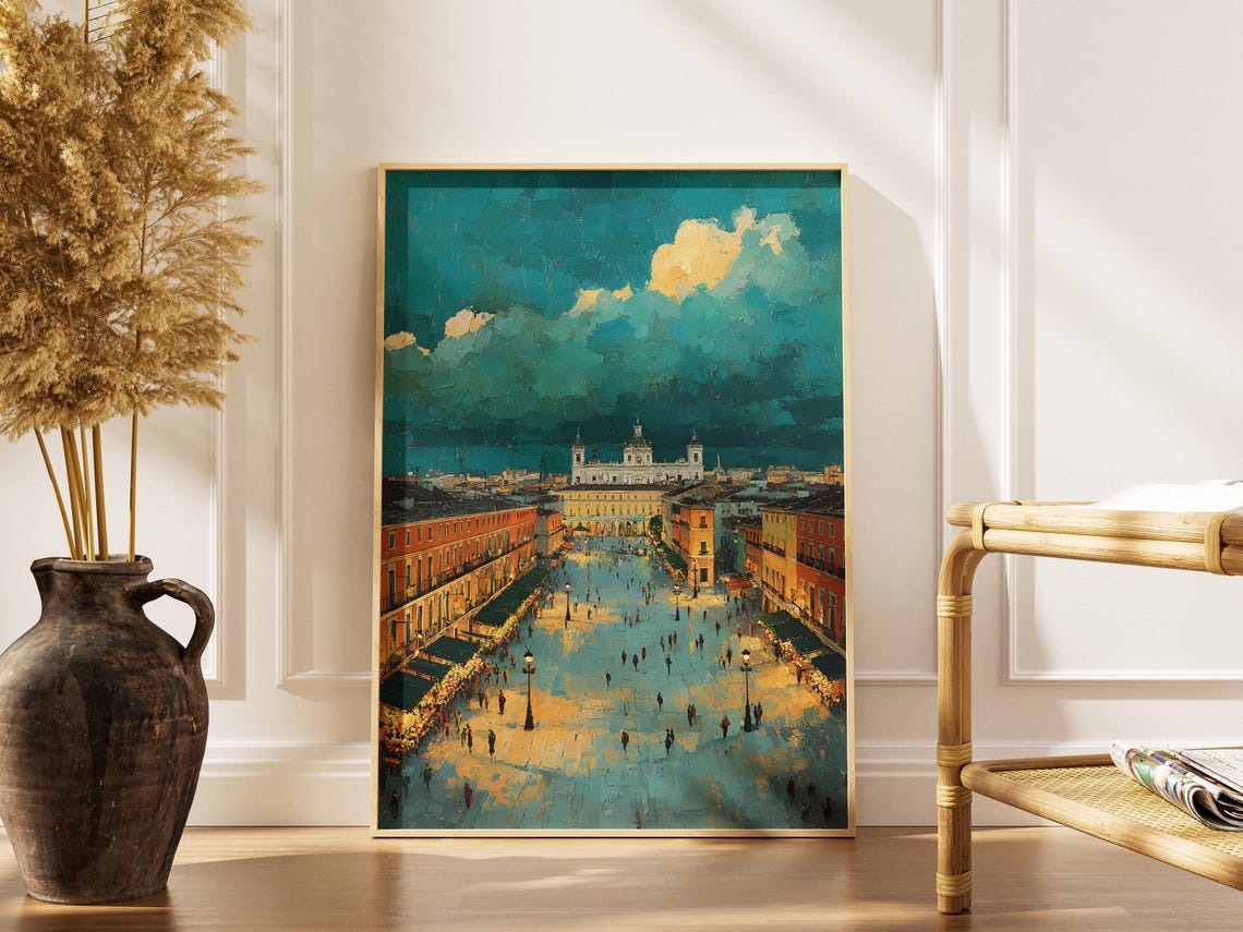Madrid Salamanca Plaza Mayor Art Print Spain Baroque Cityscape Painting Golden City Architecture Wall Decor European Travel