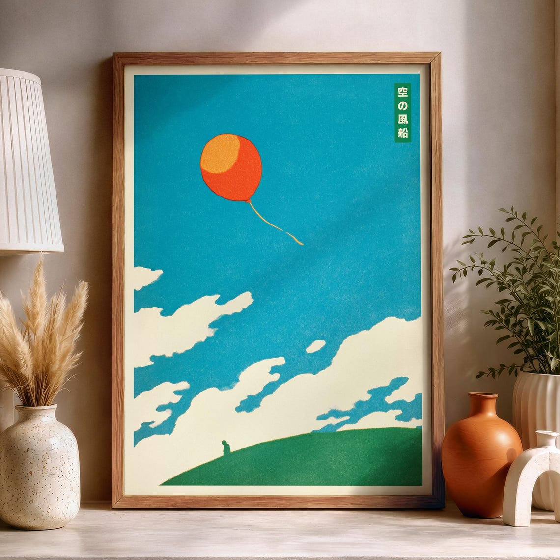 Red Balloon Drifting in Blue Sky Minimalist Japanese Cloud Art Poster
