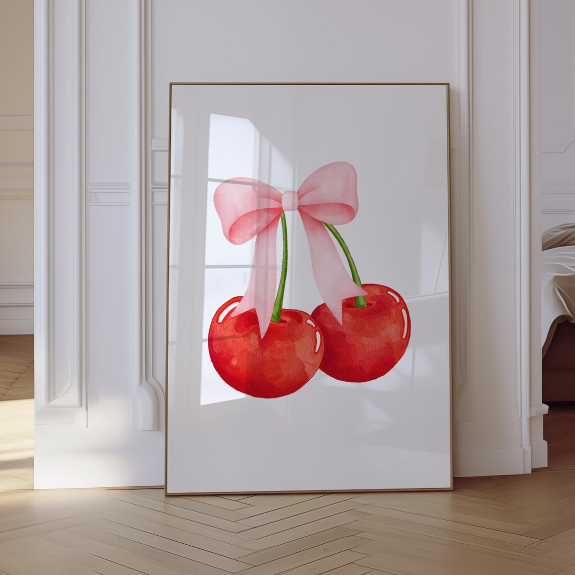 Coquette Cherries Ribbon Bow Watercolor Poster