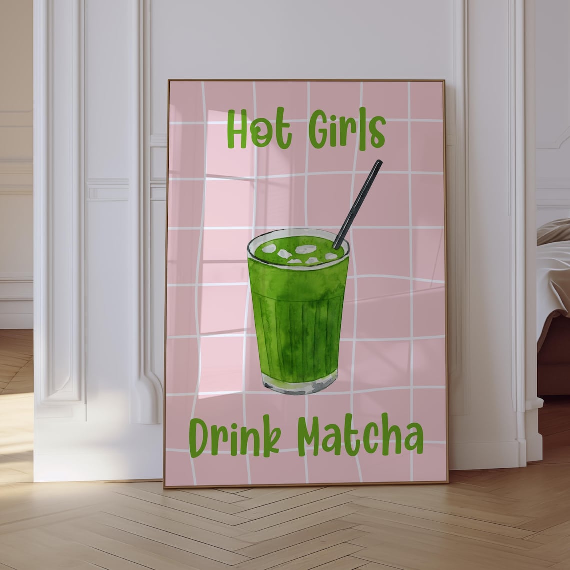 Hot Girls Drink Matcha Groovy Retro Pink Green Poster - Image 2