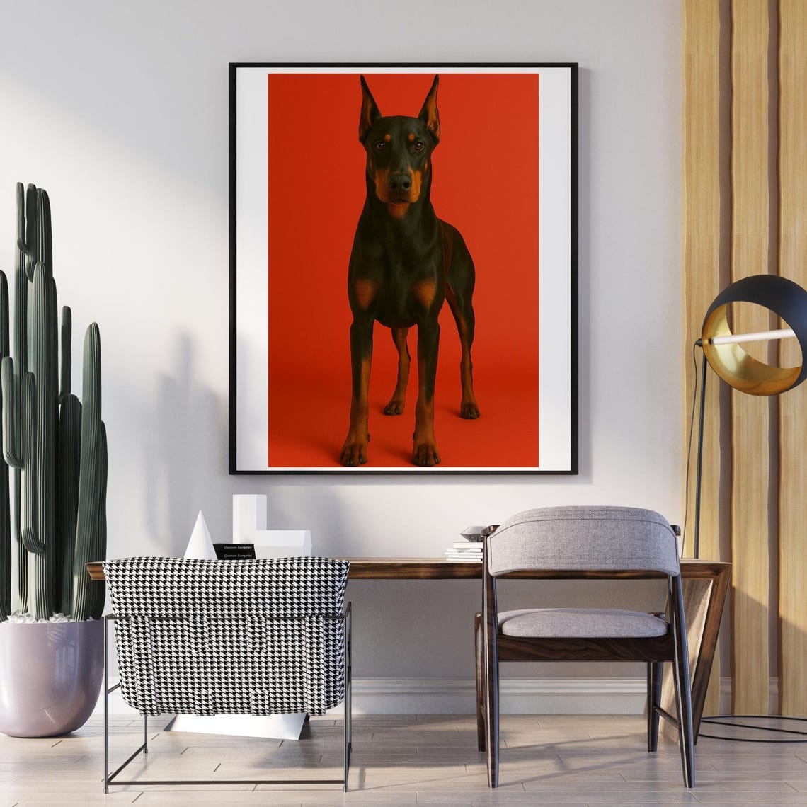 Doberman Standing Portrait Red Background Bold Dog Breed Poster