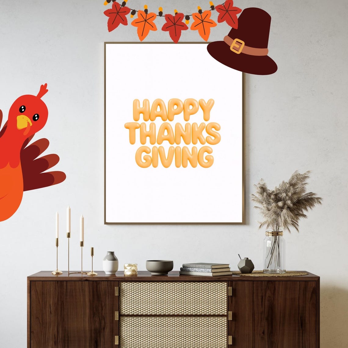 Happy Thanksgiving Orange Balloon Letters Fall Holiday Decor Poster