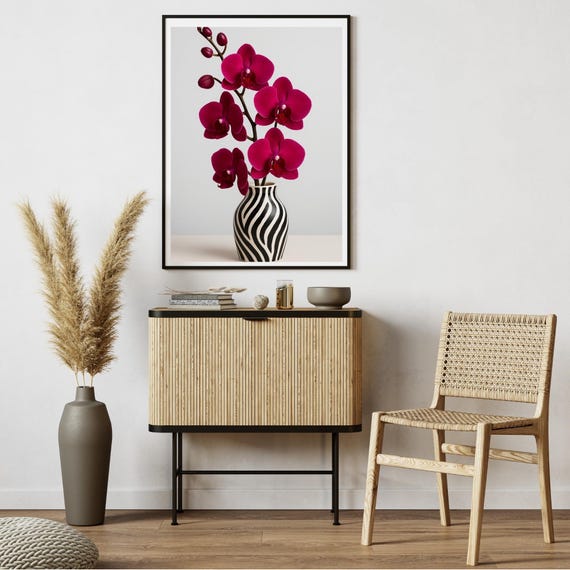 Magenta Orchid Wall Art In Zebra Vase Glam Botanical Fashioninspired Flower Print Bold Modern Home Decor