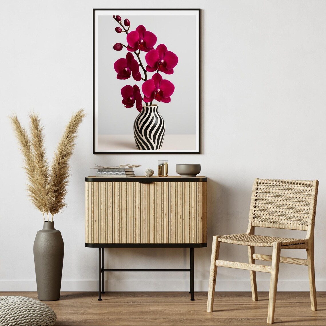 Magenta Orchid Bloom in Zebra Vase Glam Botanical Fashion Poster