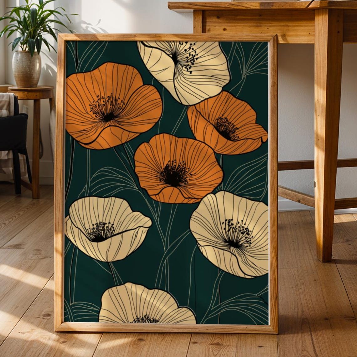Emerald Green Poppy Art Print Scandinavian Botanical Illustration