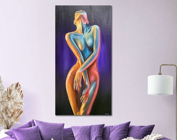 Glowing Neon Abstract Nude Woman Full Body Figurative Wall Art Print