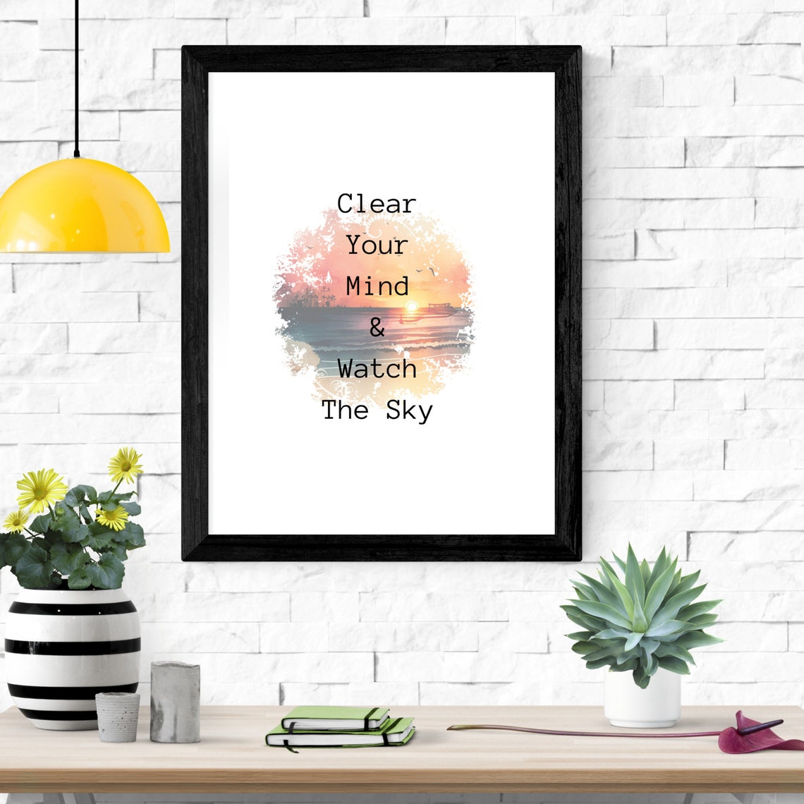 Clear Your Mind Watch The Sky Sunset Ocean Watercolor Quote Art Print - Image 2