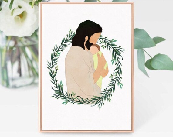 Jesus Holding a Baby in Wreath Watercolor Nursery Wall Poster