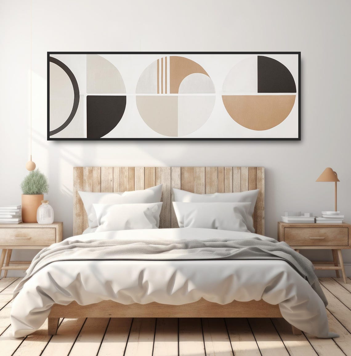 Neutral Abstract Wall Art Geometric Boho Decor Panoramic Beige Black White Painting Minimalist Contemporary Circles Mcm Artwork - Image 4