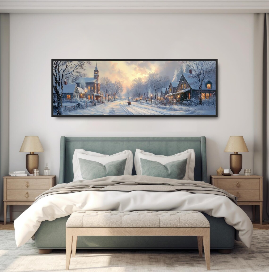 Snowy Winter Village Street Glowing Windows Cozy Christmas Art Poster - Image 4