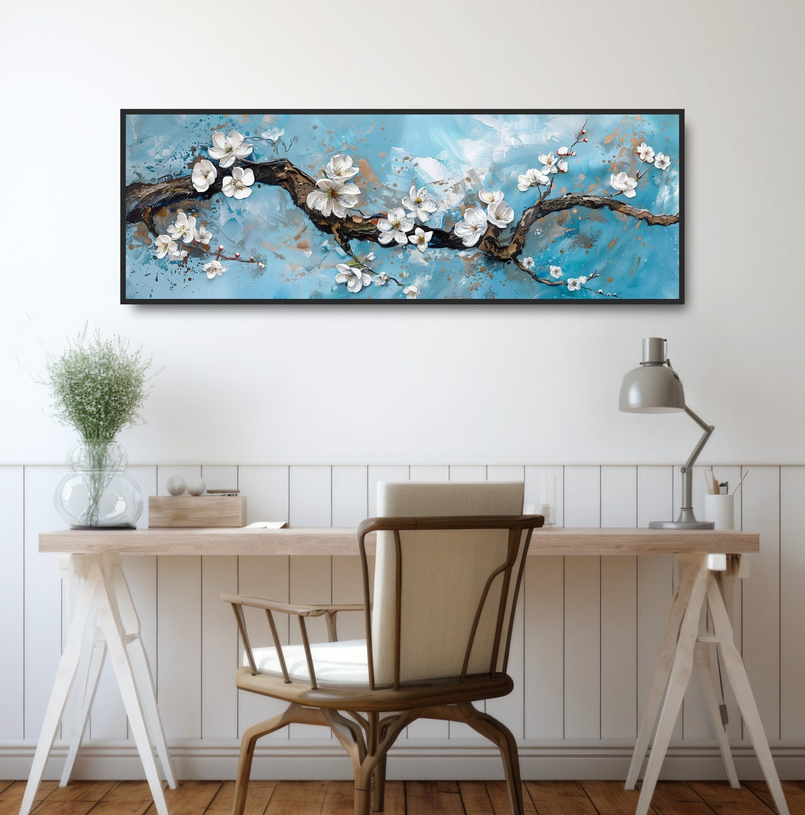 White Cherry Blossom Branch Blue Background Floral Painting Poster - Image 2