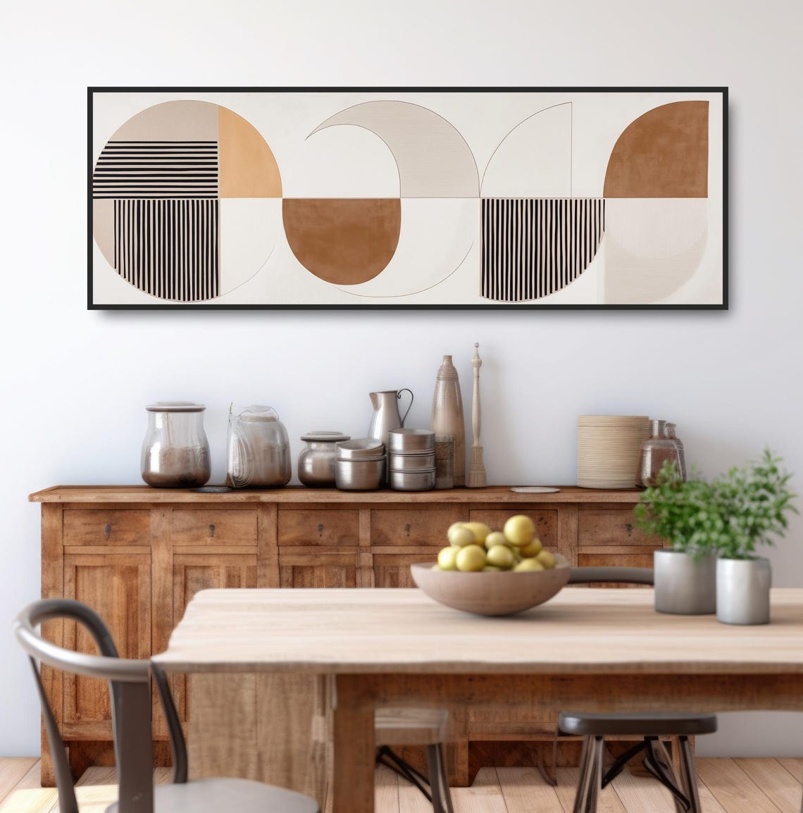 Geometric Boho Abstract Wall Art Neutral Beige Black Tan Panoramic Minimalist Painting Scandi Style Mcm Decor Contemporary Circles - Image 3