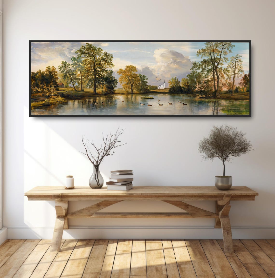 Church Pond Ducks Autumn Countryside Panoramic Peaceful Nature Poster - Image 2