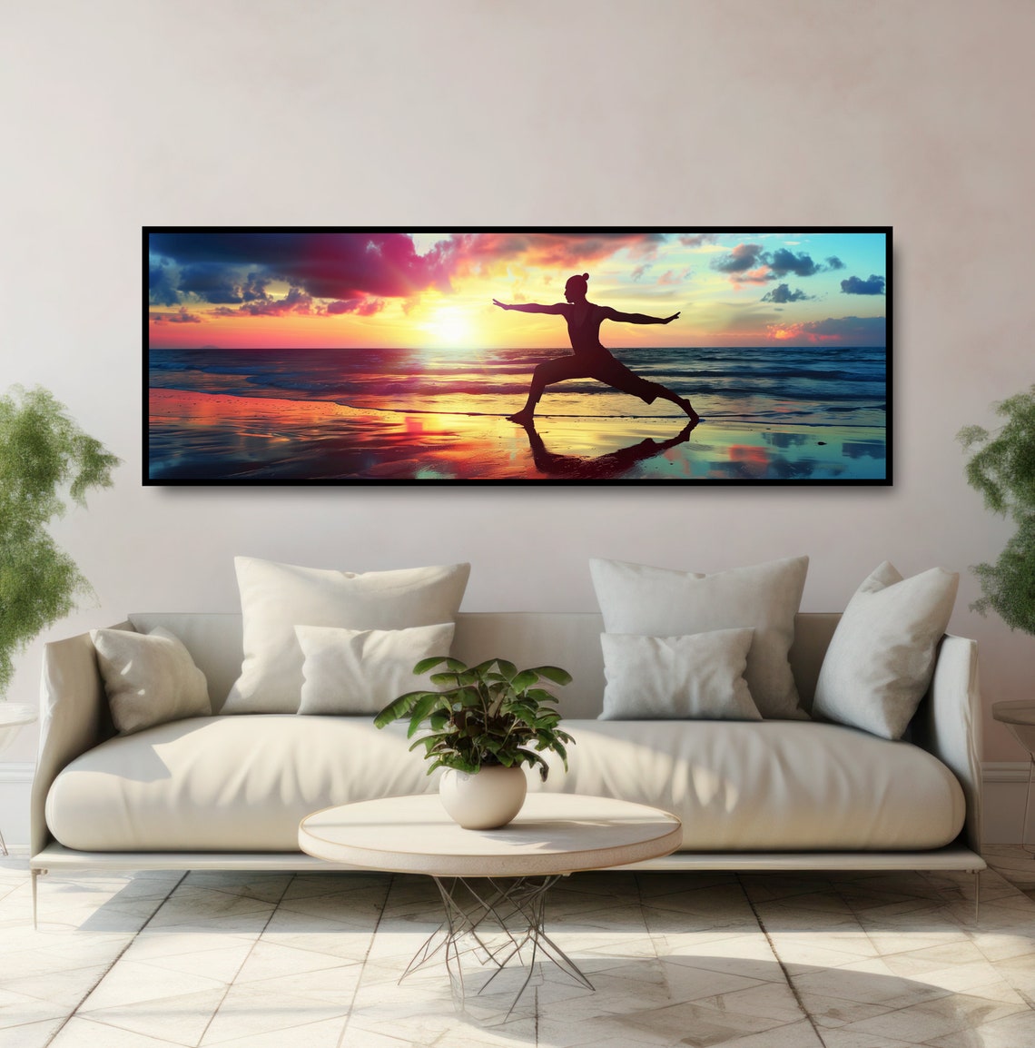 Beach Yoga Panoramic Sunrise Photograph Silhouette Warrior Pose Photo Zen Calm Ocean Sea Inspirational Fitness Art Sports Wall Decor - Image 5