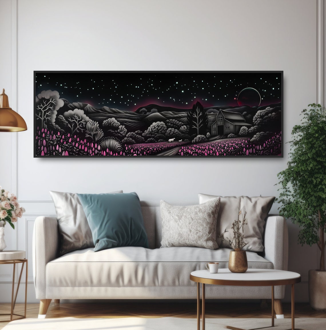 Starry Night Farm Pink Wildflowers Sheep Barn Countryside Poster - Image 5