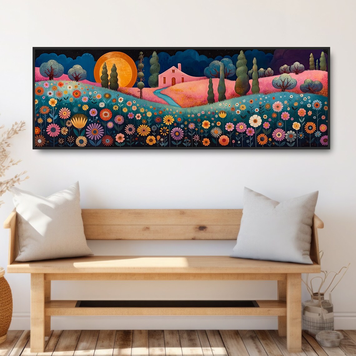 Whimsical Full Moon Night Cottage Folk Art Panoramic Flower Field Print - Image 2