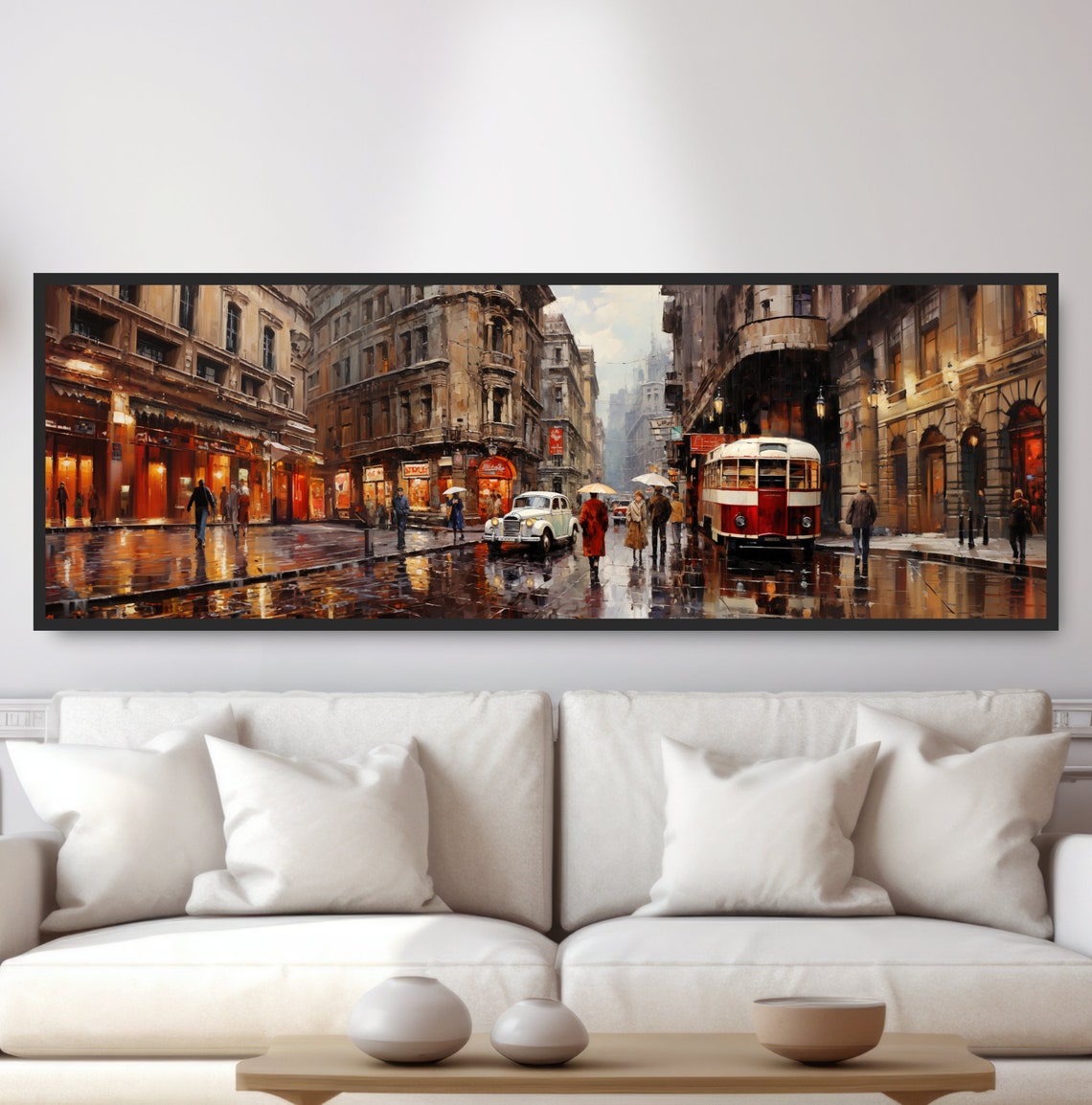 1950s European City Rainy Downtown Street Scene Traditional Panoramic Oil Painting Fine Art Print Old Tram Streetcar Trollycar Classic Car