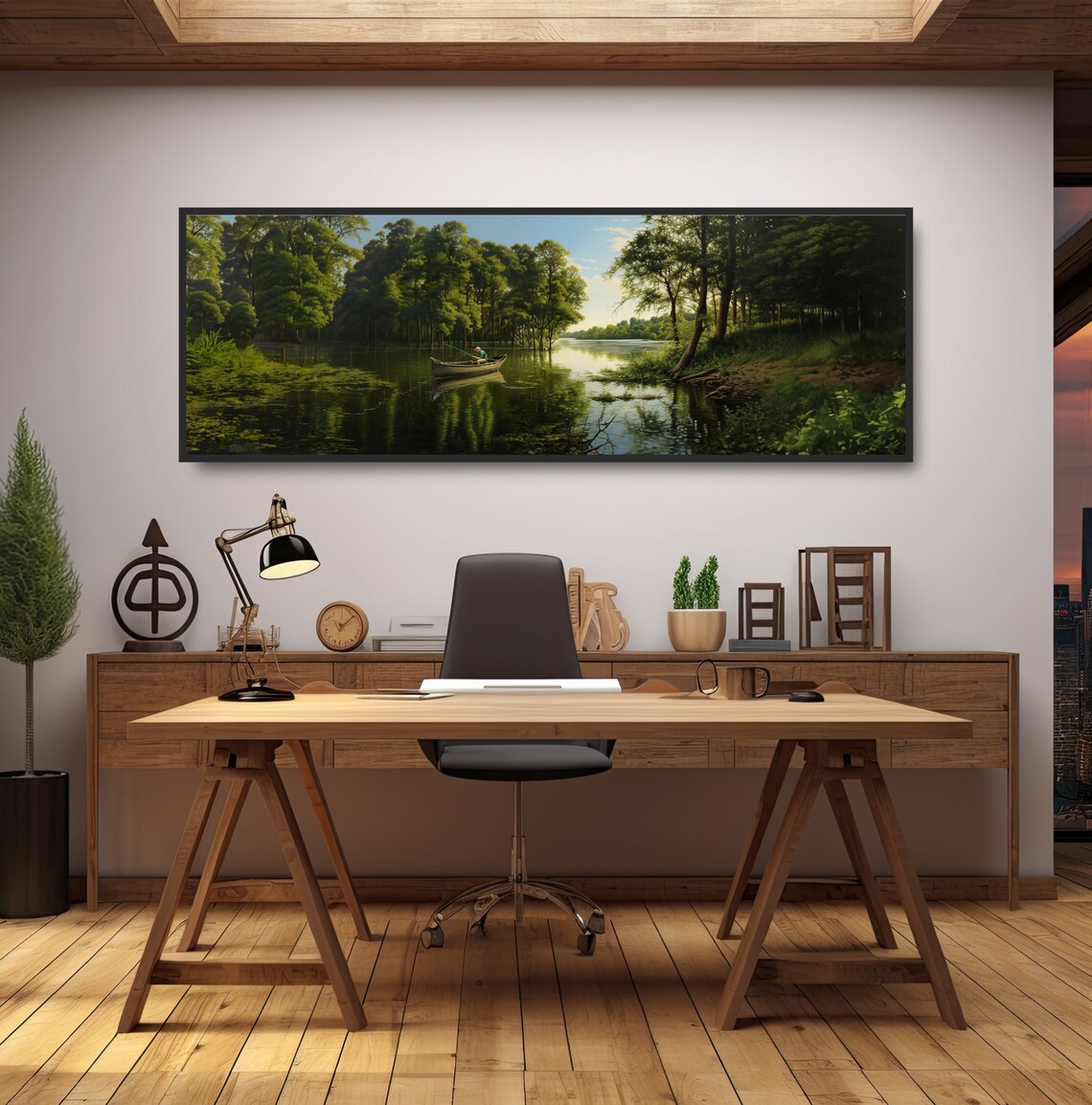 Gift For Fisherman Lake Fishing In A Canoe Panoramic Landscape Oil Painting Dark Green Lakehouse Decor Boat Tranquil Pond Calm River - Image 2