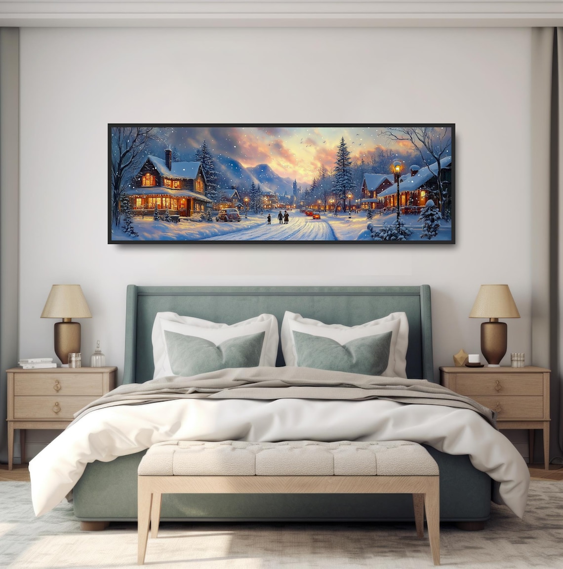 Snowy Mountain Village Street At Dusk Warm Lights Winter Art Poster - Image 4