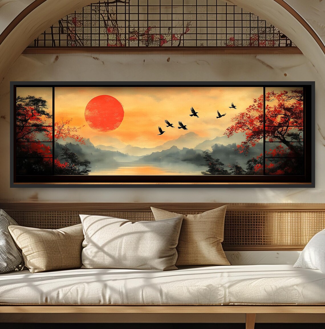 Flock of Cranes, Minimalist Japanese Landscape Art Print