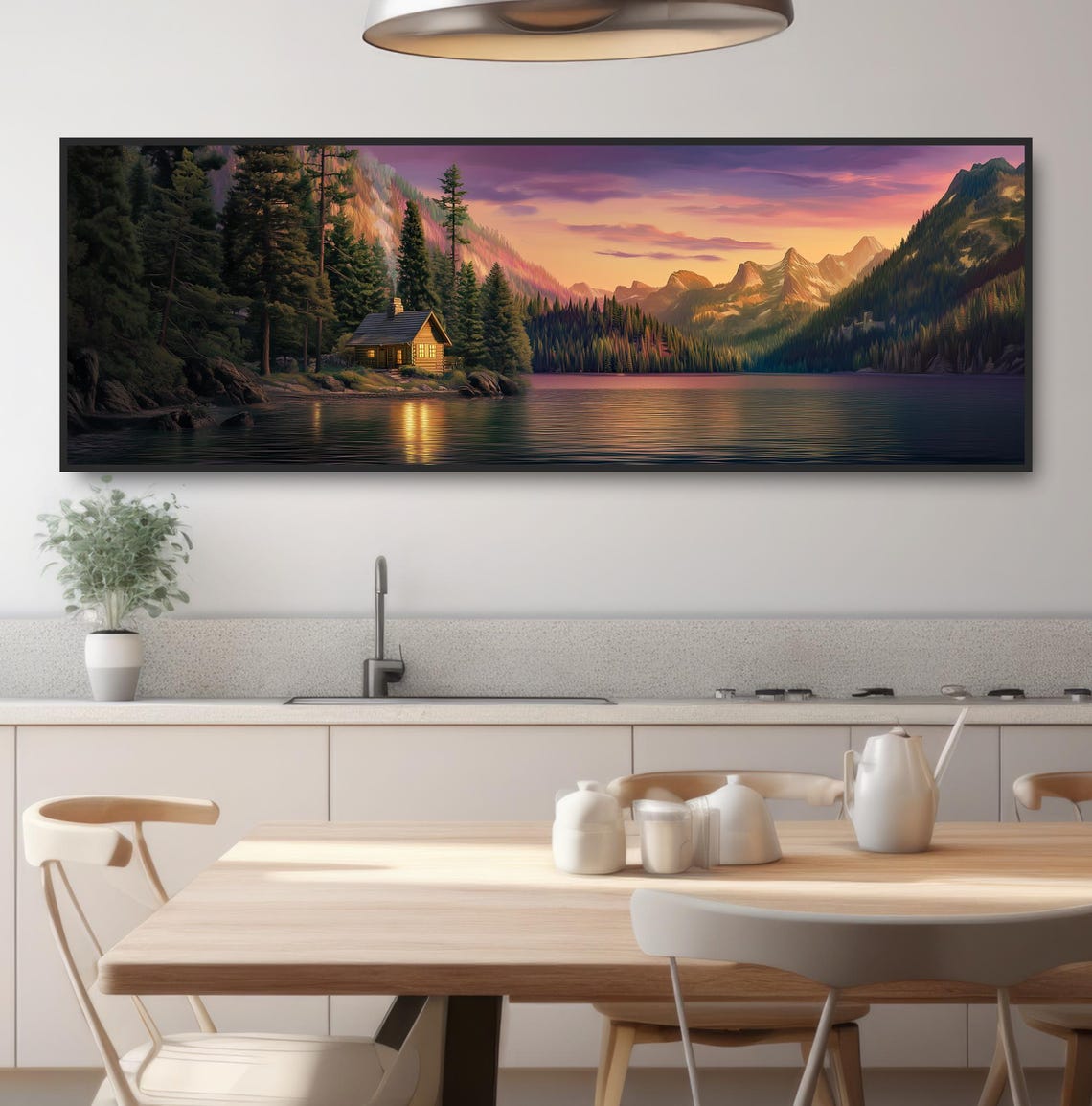 Lakeside Log Cabin Sunset Mountain Lake Panoramic Golden Sky Poster - Image 3