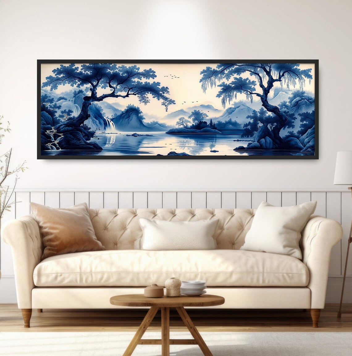 Asian Blue Waterfall Lake Painting Chinoiserie Misty Morning Print - Image 5