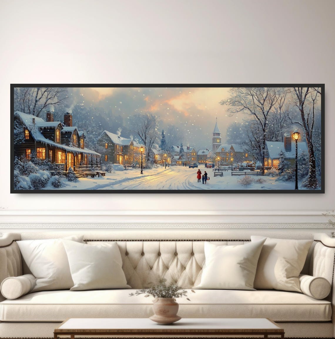 Nostalgic Snowy Christmas Village Night Panoramic Winter Town Poster