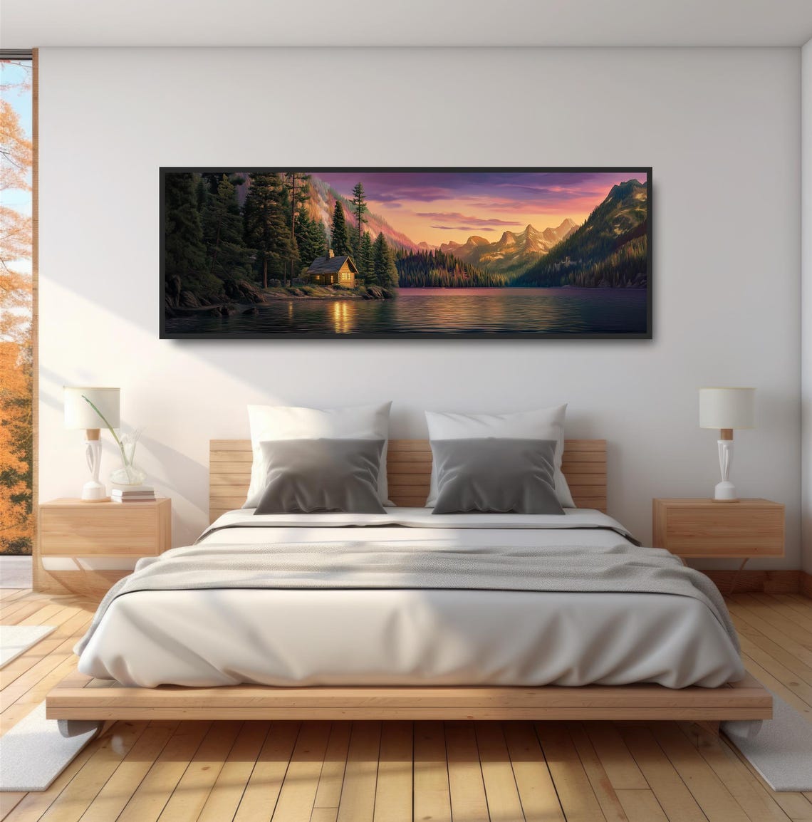 Lakeside Log Cabin Sunset Mountain Lake Panoramic Golden Sky Poster - Image 4