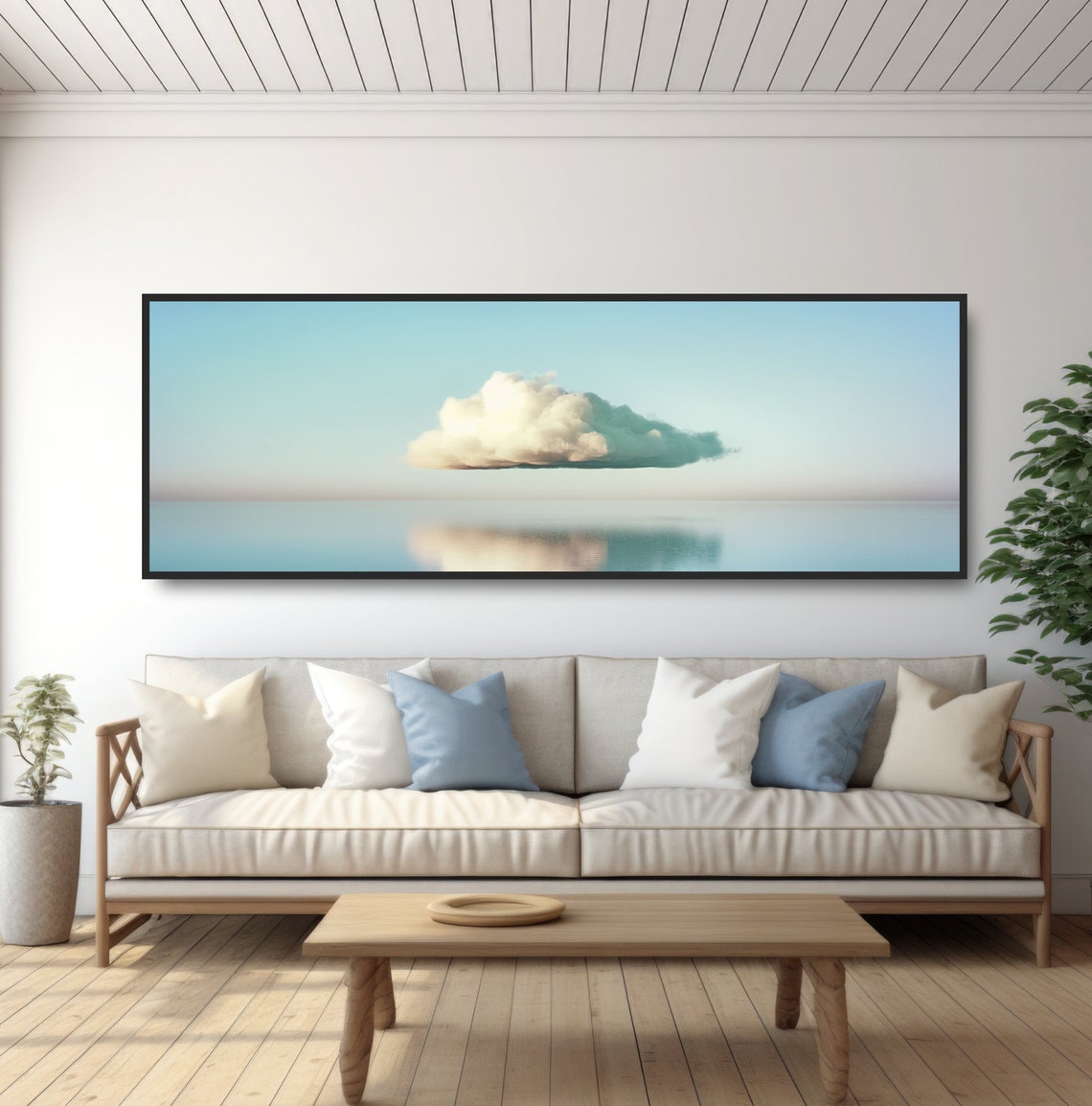 White Cloud Floating Over Calm Ocean Minimalist Blue Sky Art Poster - Image 5