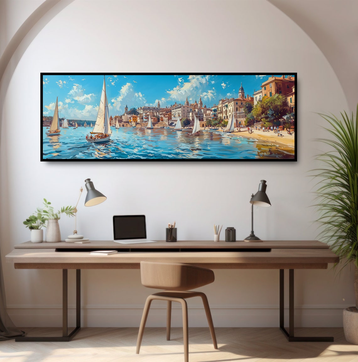 Mediterranean Coastal Harbor Sailboats Sunny Seaside Town Art Poster - Image 2