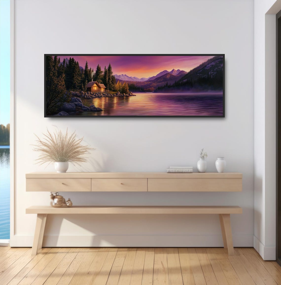 Cozy Log Cabin Mountain Lake Sunset Panoramic Pink Sky Wall Art - Image 2