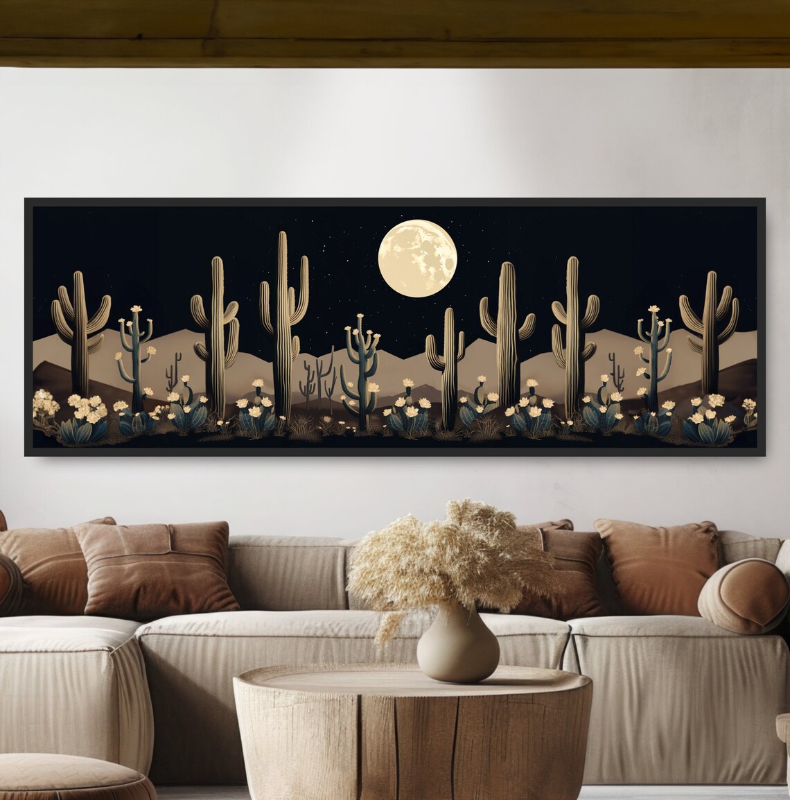 Cactus Full Moon Desert Landscape, Boho Art Print