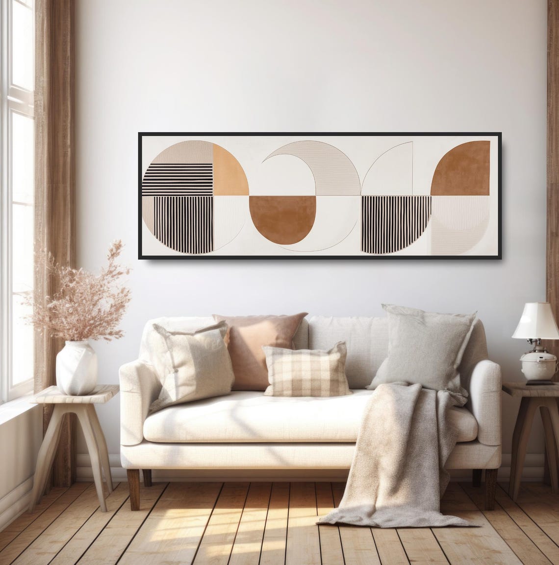 Geometric Boho Abstract Wall Art Neutral Beige Black Tan Panoramic Minimalist Painting Scandi Style Mcm Decor Contemporary Circles - Image 5