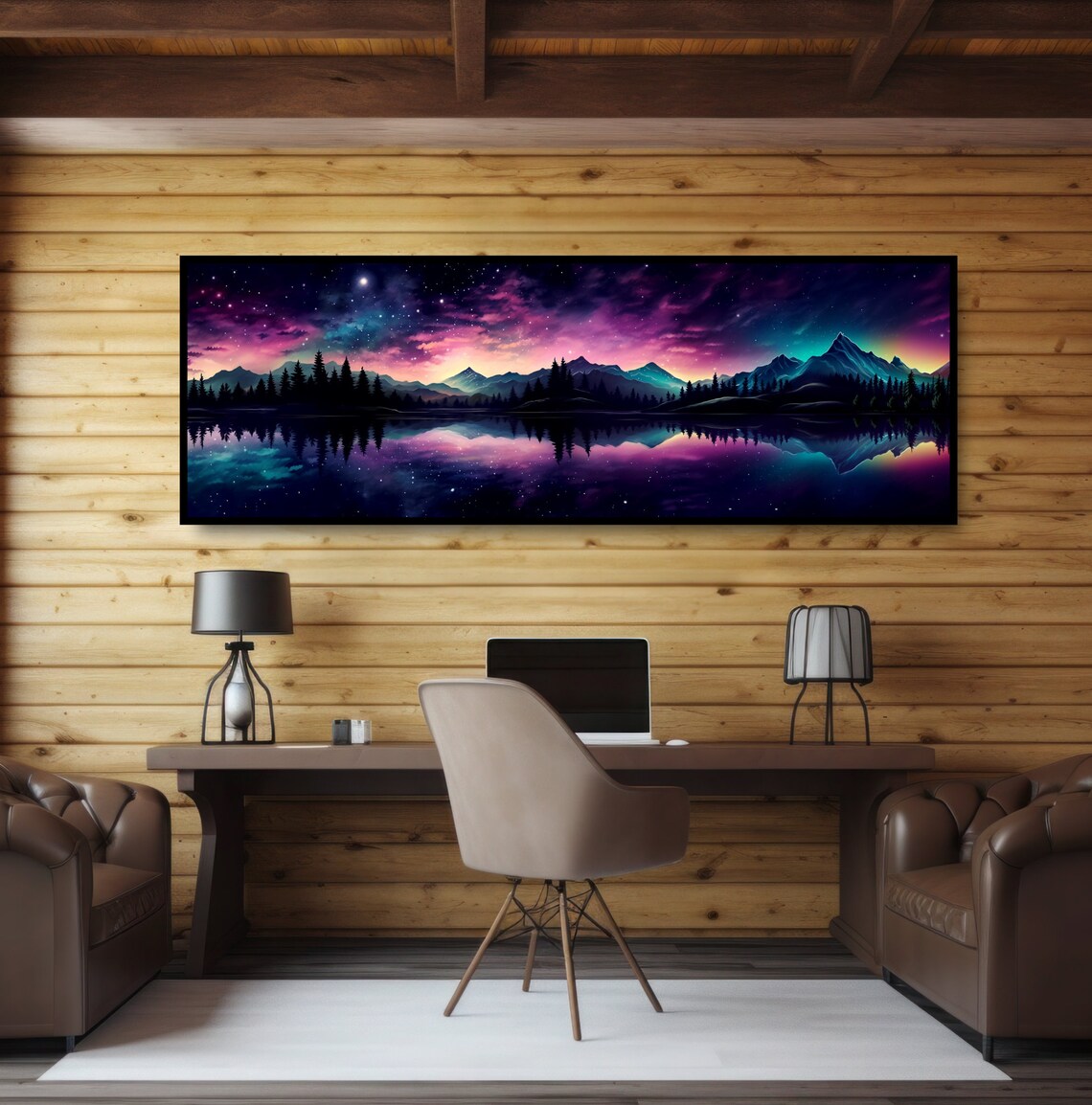 Starry Night Mountain Lake Reflection Fantasy Aurora Painting Poster - Image 2