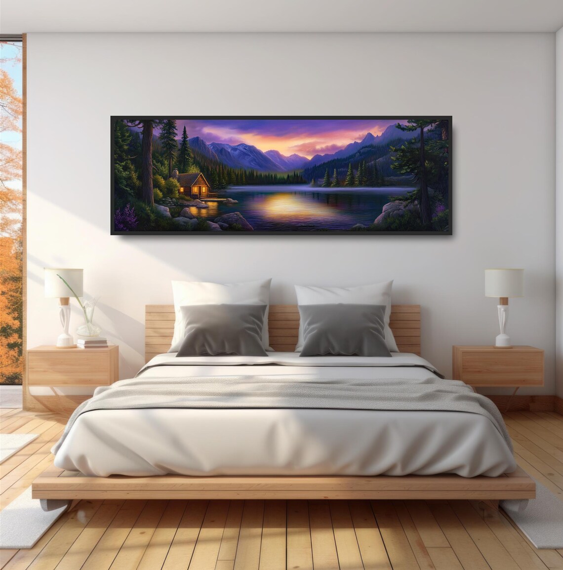 Blue Mountains Log Cabin Lake Sunset Art Print - Image 4