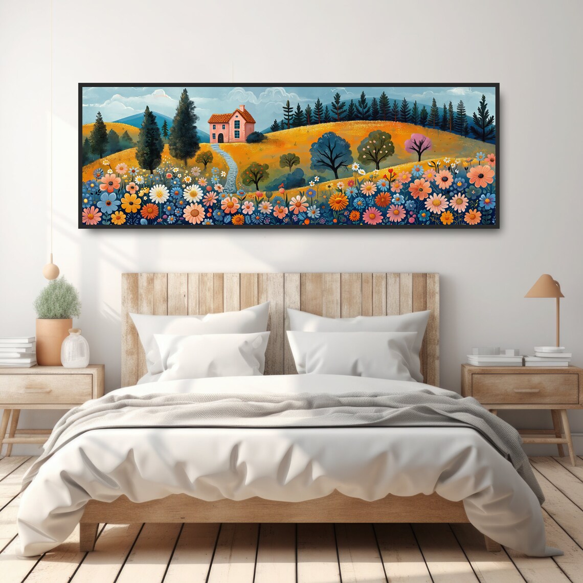 Whimsical Pink House on Hill Colorful Folk Art Floral Meadow Poster - Image 4