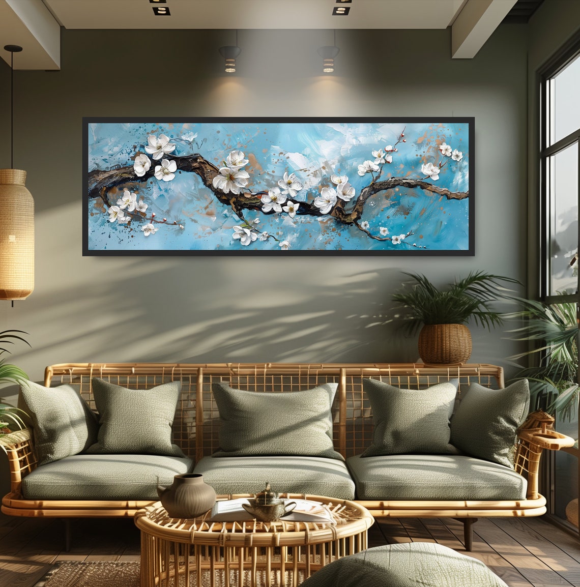 White Cherry Blossom Branch Blue Background Floral Painting Poster - Image 5