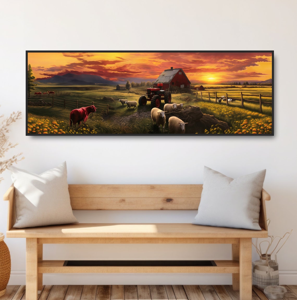 Sheep Farm at Sunset Red Barn Tractor Panoramic Countryside Wall Art - Image 2