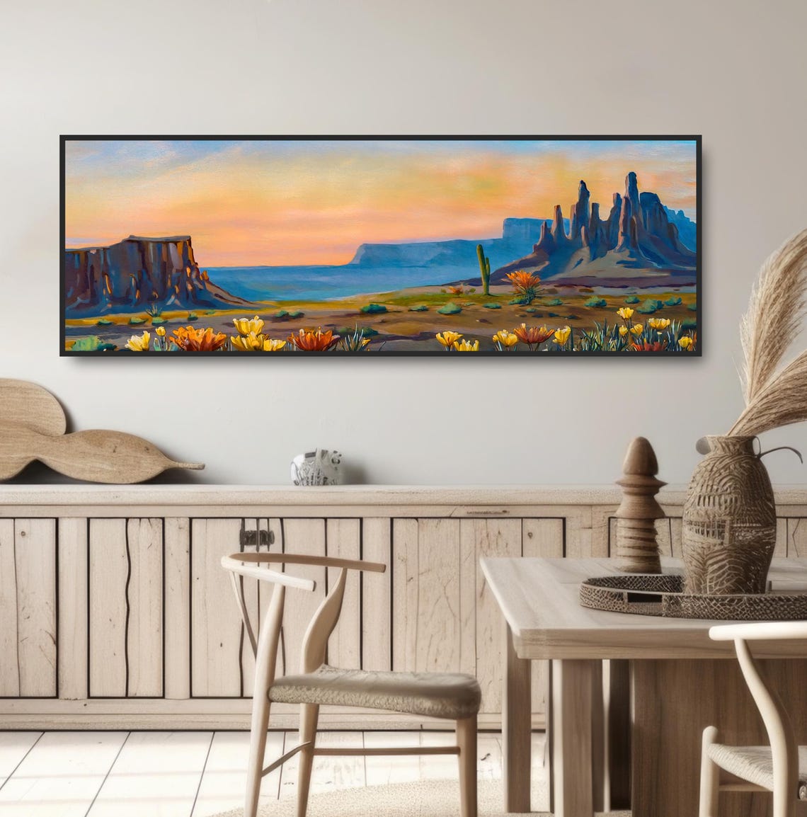 Desert Buttes Sunset Panoramic Painting Red Rock Mesas Wildflower Art - Image 3