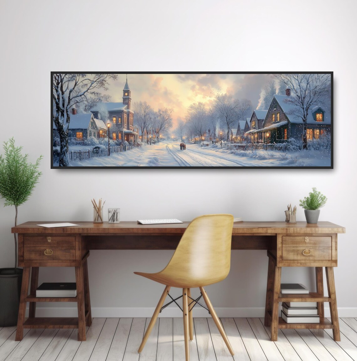 Snowy Winter Village Street Glowing Windows Cozy Christmas Art Poster - Image 2