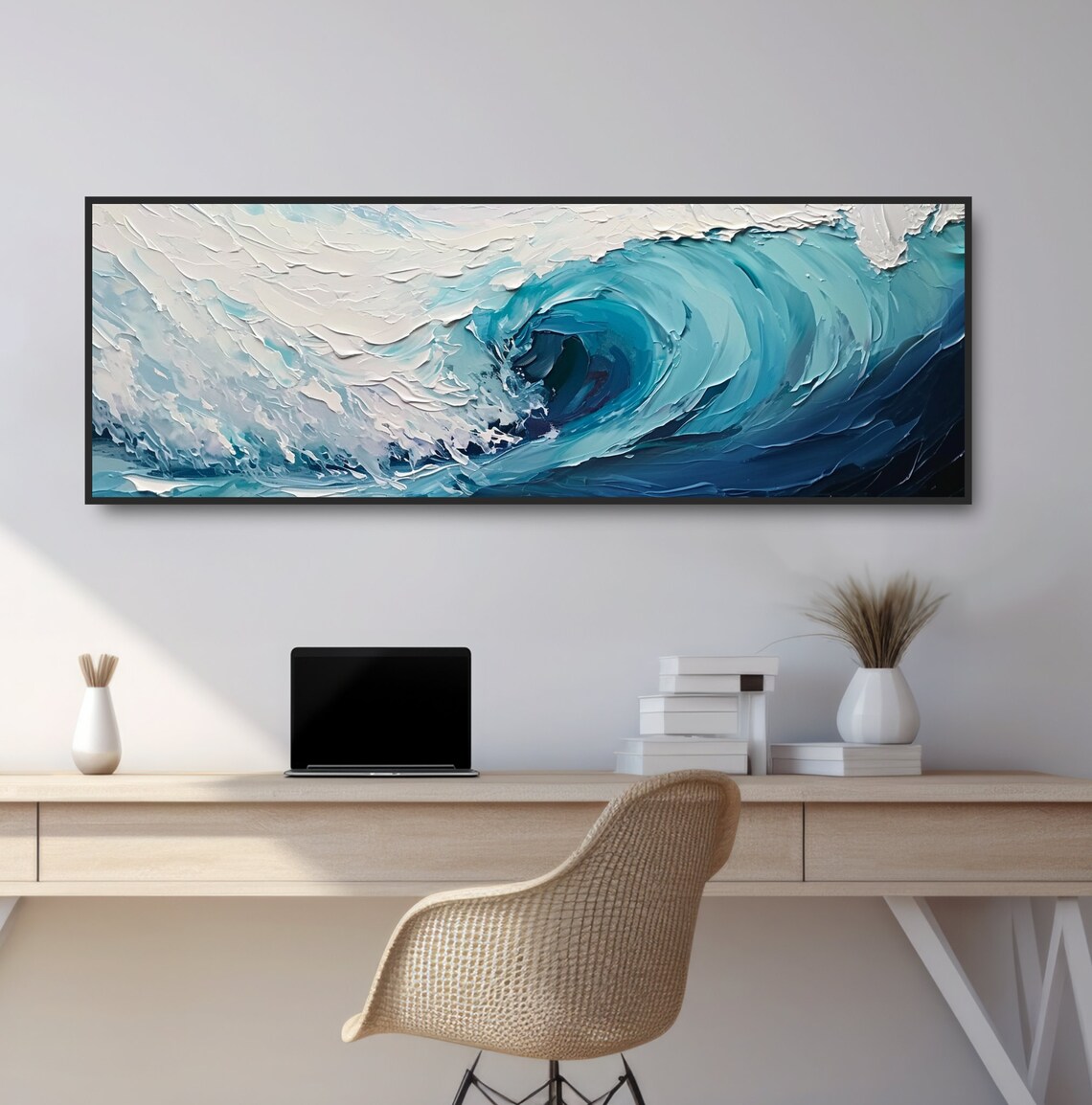 Blue Wave Curl Panoramic Beach House Art Print - Image 2