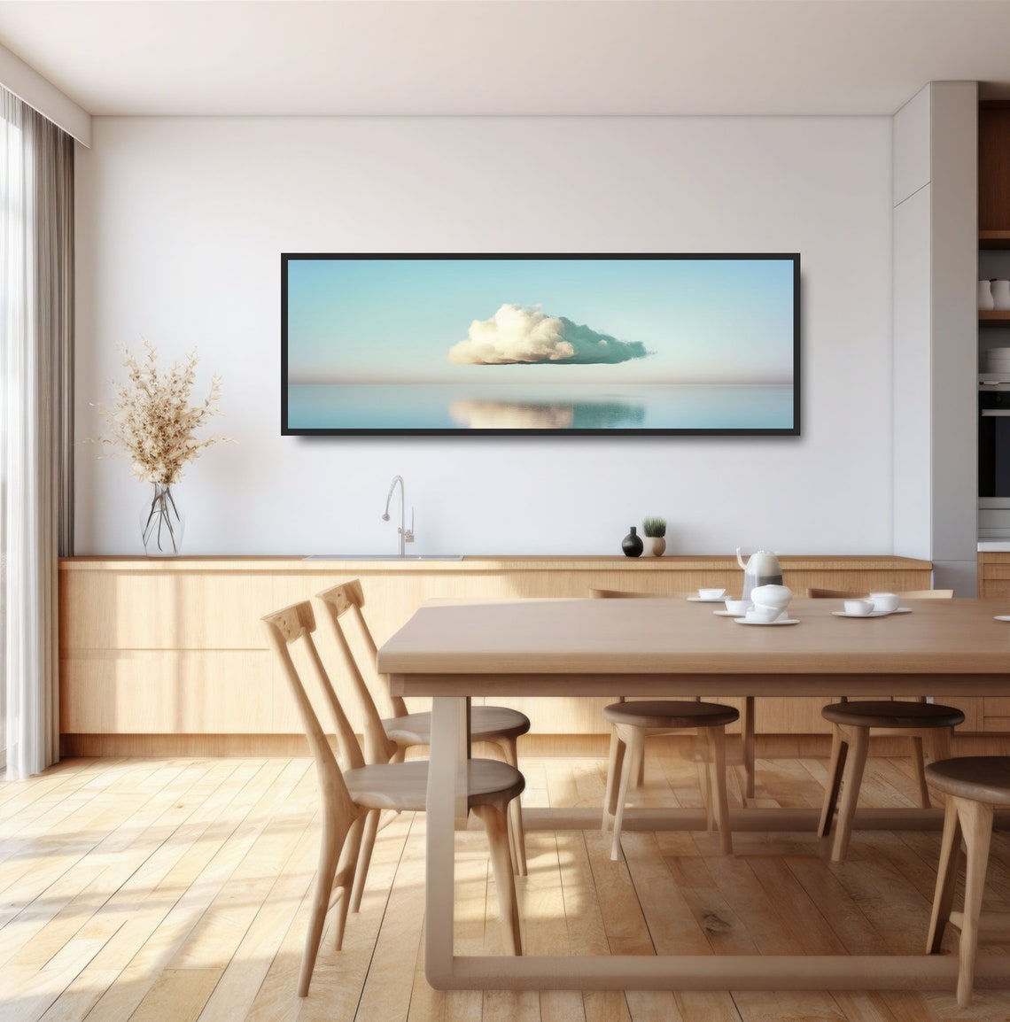 White Cloud Floating Over Calm Ocean Minimalist Blue Sky Art Poster - Image 3