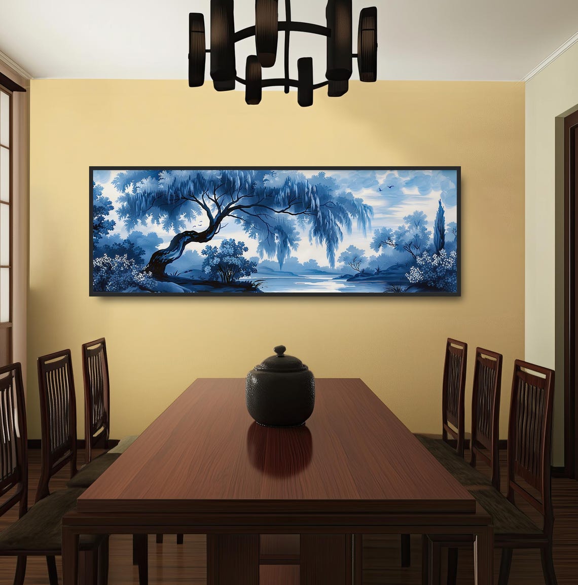 Misty Blue Lake Willow Painting Chinoiserie Panoramic Morning Print - Image 3