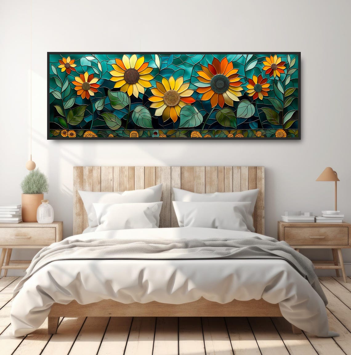 Stained Glass Style Sunflowers Teal Background Mosaic Art Poster - Image 4