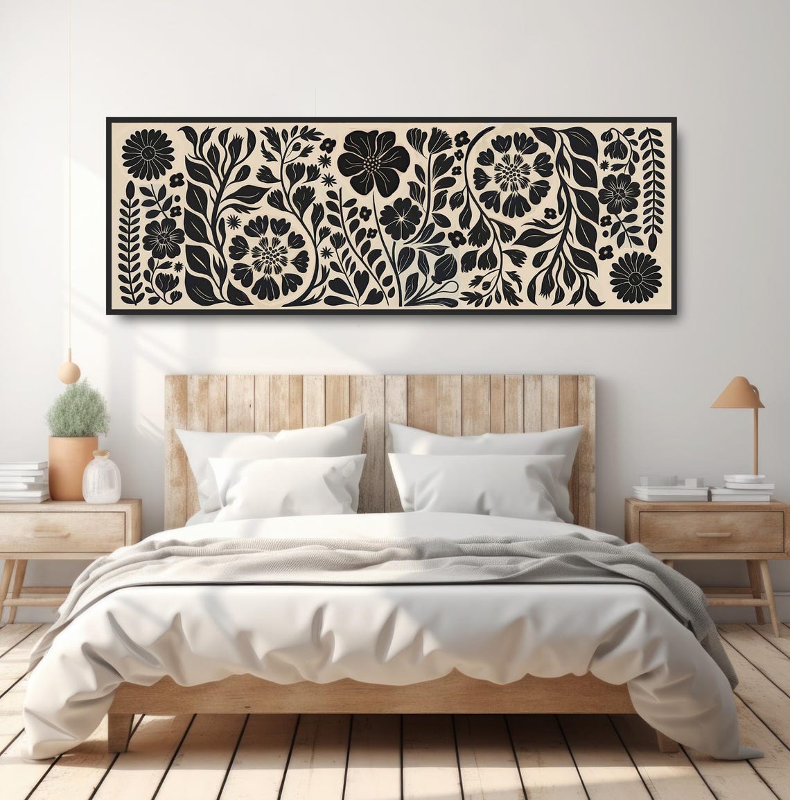 Bold Black Beige Botanical Print Asymmetric Floral Vines Decor Art - Image 4