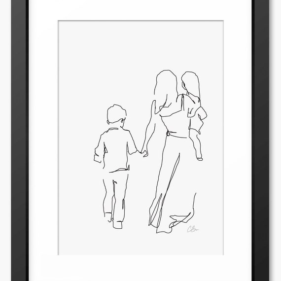 Mother And Children Line Art Print, Nursery Decor