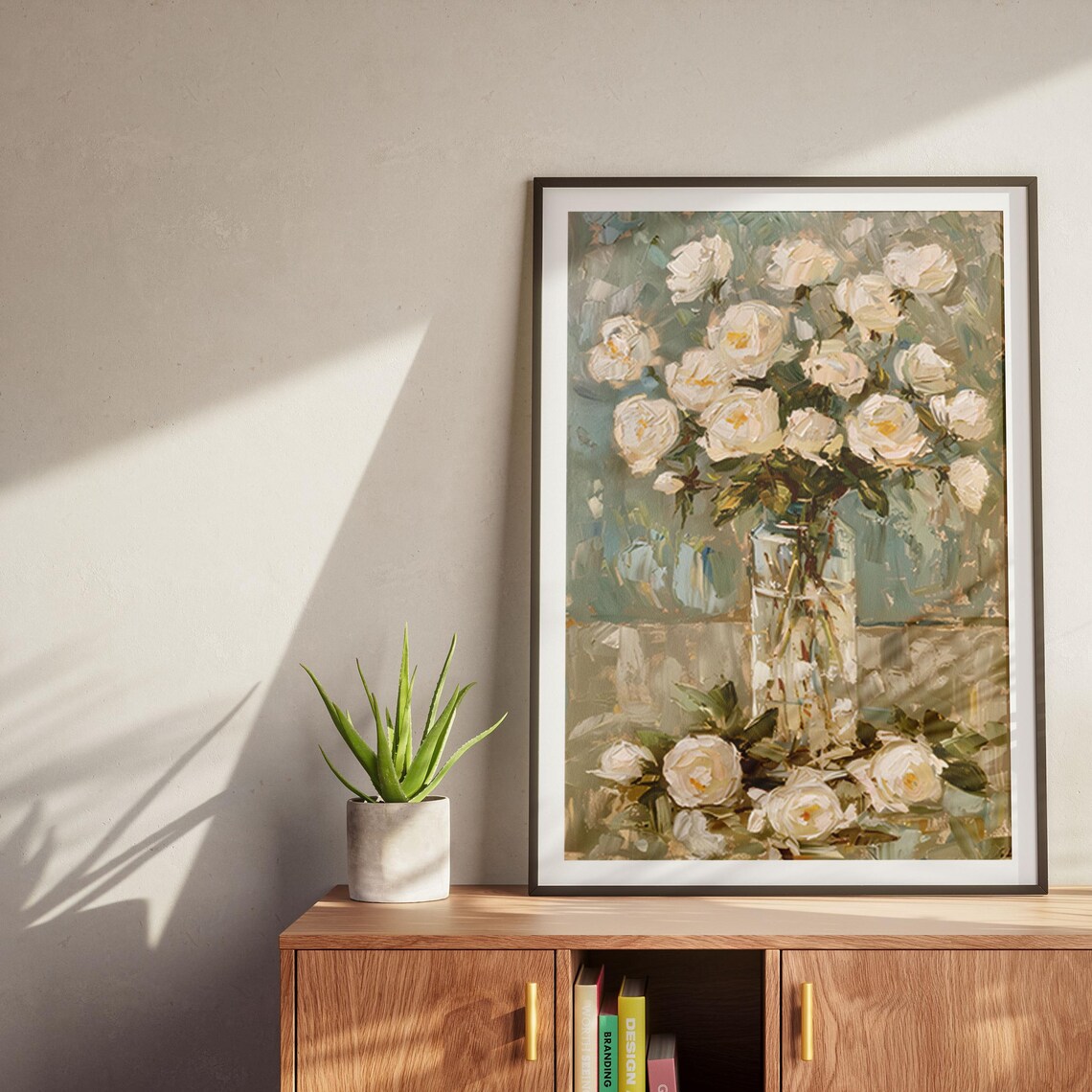 White Roses in Glass Vase Sunlit Floral Oil Painting Still Life Poster