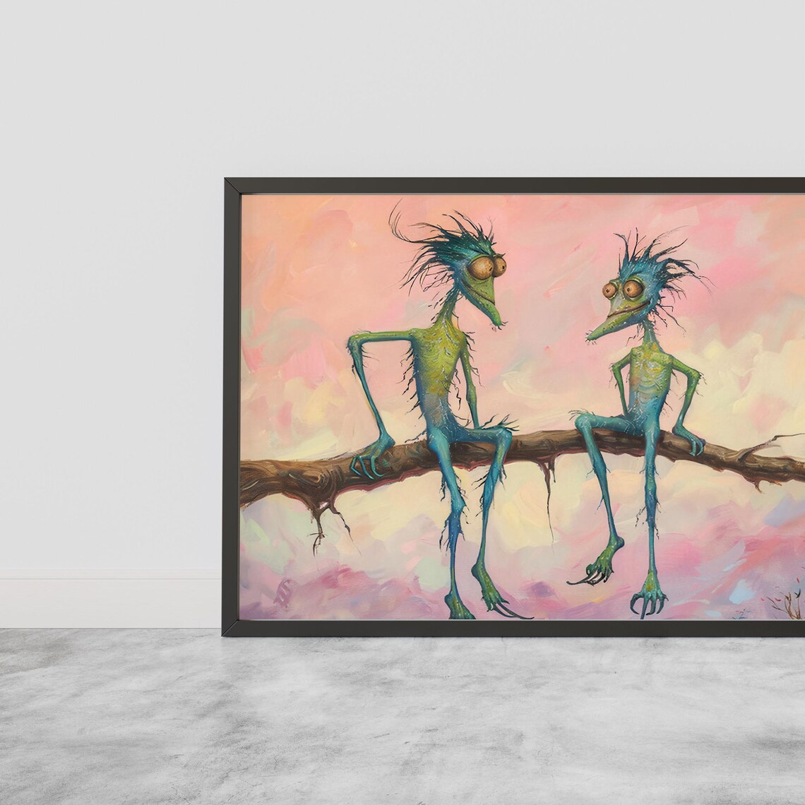 Lanky Whimsical Creatures Sitting on Branch Pastel Fantasy Poster - Image 6