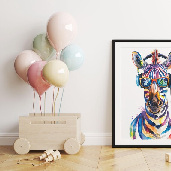 Vibrant Zebra Wearing Orange Glasses and Headphones Watercolor Poster